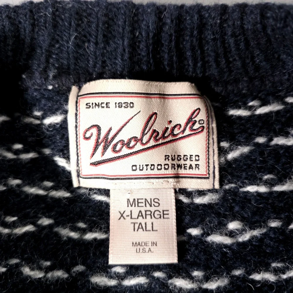 Woolrich Sweater Mens XL Tall Navy Blue Birds Eye Knit Wool‎ Blend Vintage USA